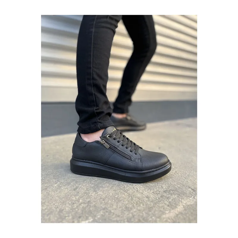 JY155 Warrior Bağcıklı ve Fermuarlı Cilt Erkek Günlük Sneaker Ayakkabı CST - Siyah