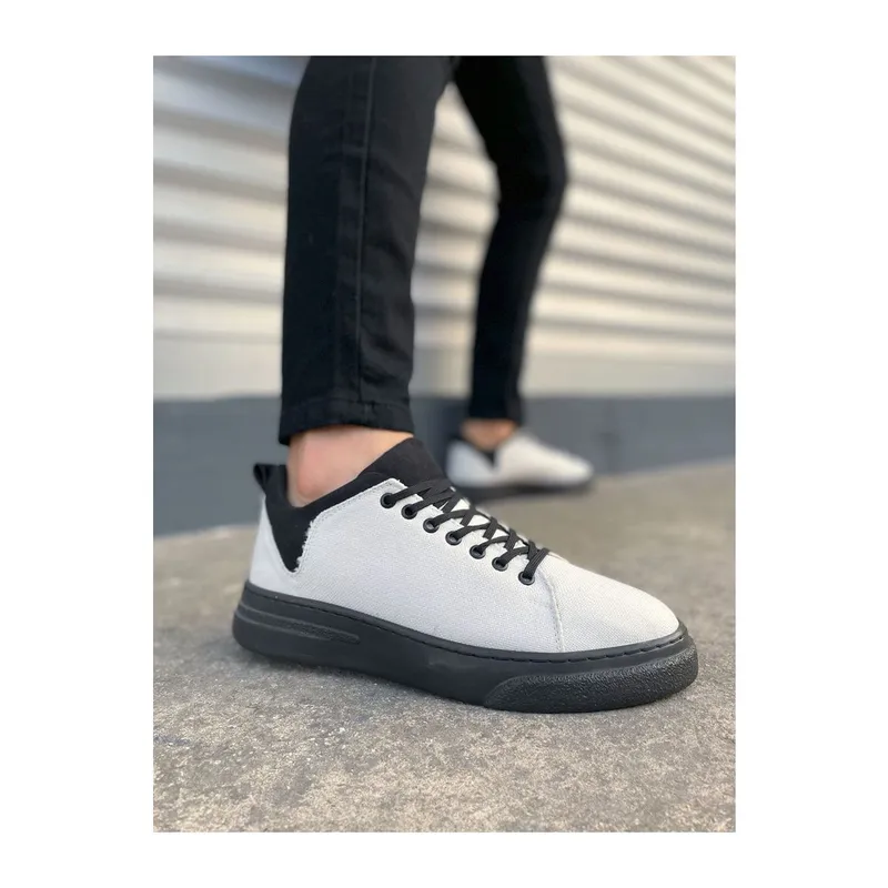 JY204 Flex Bağcıklı Keten Kumaş Erkek Günlük Sneaker Ayakkabı KST - Beyaz/Siyah