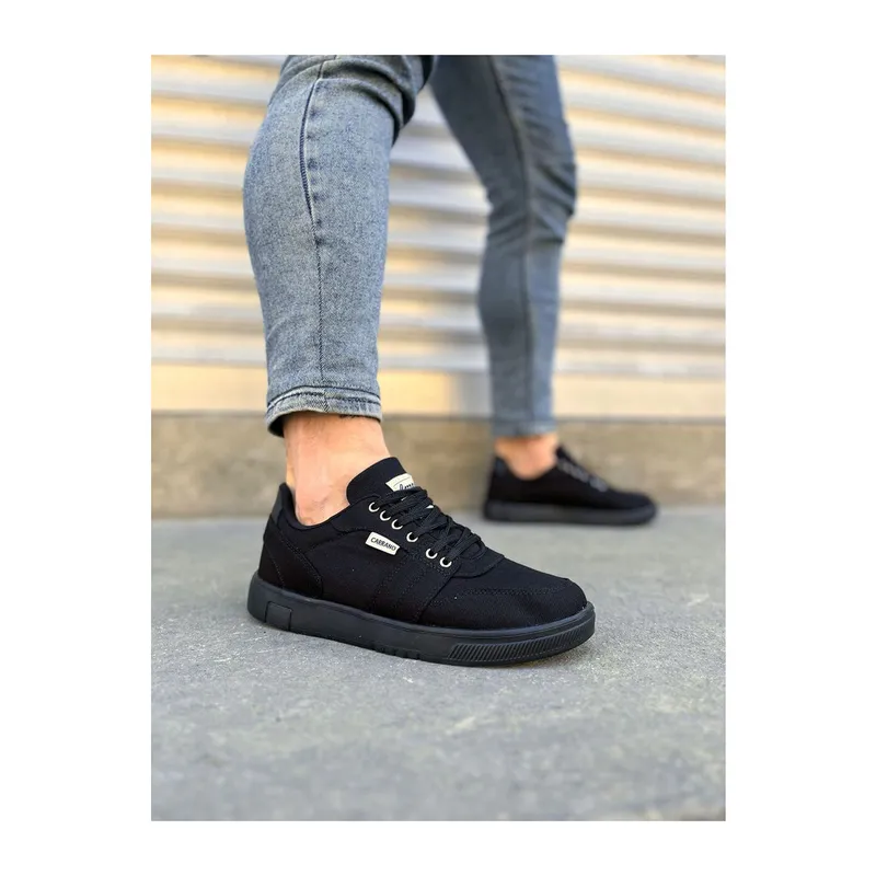 JY0118 REX Bağcıklı Keten Kumaş Erkek Günlük Sneaker Ayakkabı KST - Siyah