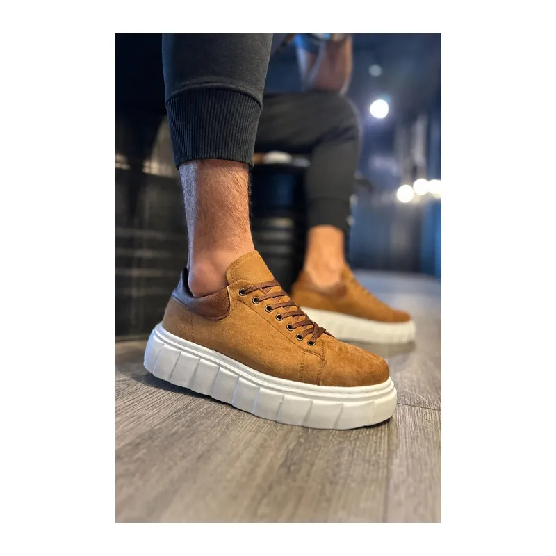 JY144 Volt Bağcıklı Süet Erkek Günlük Sneaker Yüksek Taban Ayakkabı SBT Taba