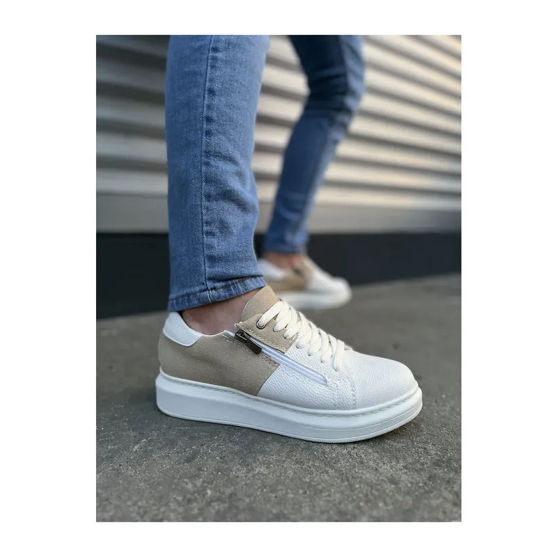JY155 Warrior Bağcıklı ve Fermuarlı Cilt Süet Erkek Günlük Sneaker Ayakkabı CSBT - Beyaz/Krem