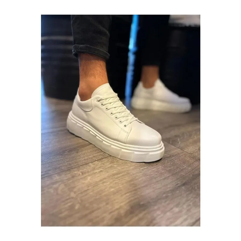 JY144 Volt Bağcıklı Cilt Erkek Günlük Sneaker Yüksek Taban Ayakkabı CBT Beyaz