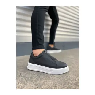 JY144 Volt Bağcıklı Cilt Erkek Günlük Sneaker Yüksek Taban Ayakkabı CST Siyah