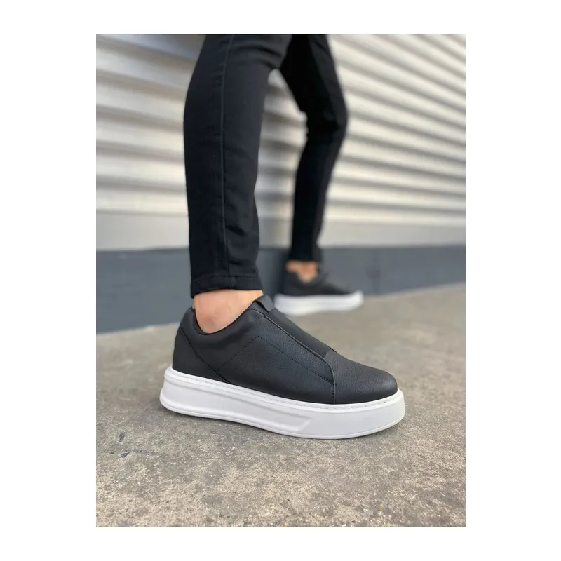 JY144 Volt Bağcıklı Cilt Erkek Günlük Sneaker Yüksek Taban Ayakkabı CST Siyah