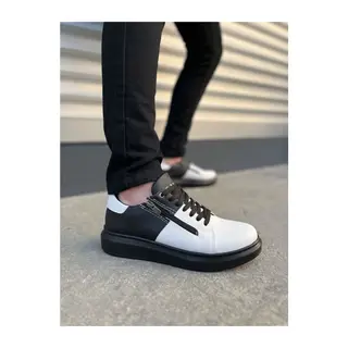JY155 Warrior Bağcıklı ve Fermuarlı Cilt Erkek Günlük Sneaker Ayakkabı CST - Siyah/Beyaz