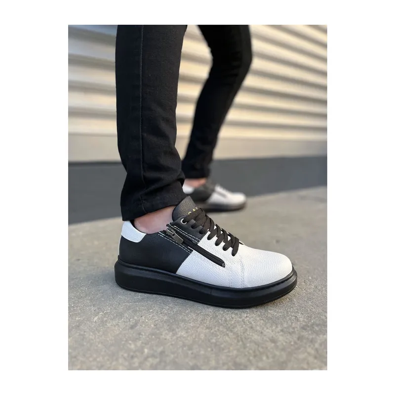 JY155 Warrior Bağcıklı ve Fermuarlı Cilt Erkek Günlük Sneaker Ayakkabı CST - Siyah/Beyaz