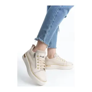 DINA Bağcıklı Fermuarlı Ortopedik Taban Kadın Sneaker Spor Ayakkabı CKT - Krem/Altın