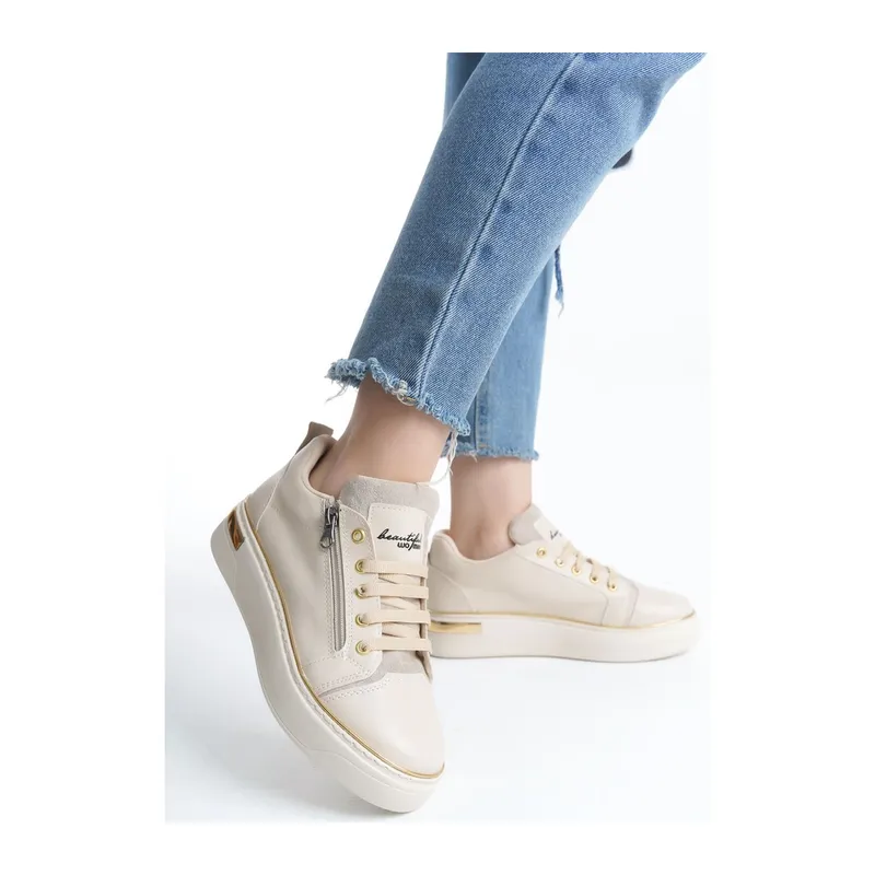 DINA Bağcıklı Fermuarlı Ortopedik Taban Kadın Sneaker Spor Ayakkabı CKT - Krem/Altın