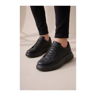 JY507 Dara Bağcıklı Cilt Erkek Günlük Sneaker Ayakkabı CST Siyah