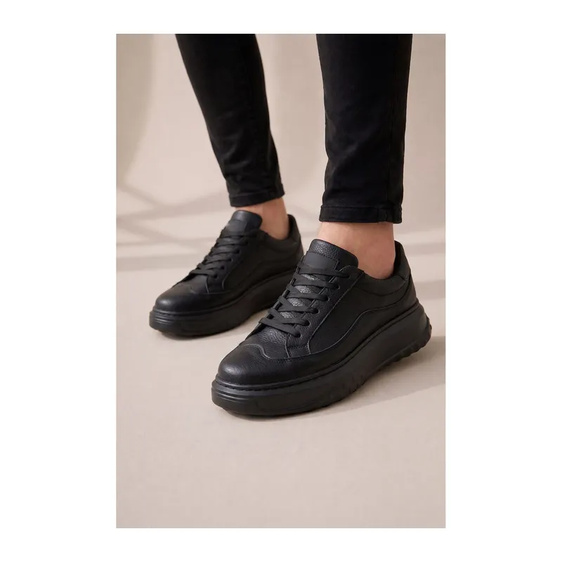 JY507 Dara Bağcıklı Cilt Erkek Günlük Sneaker Ayakkabı CST Siyah
