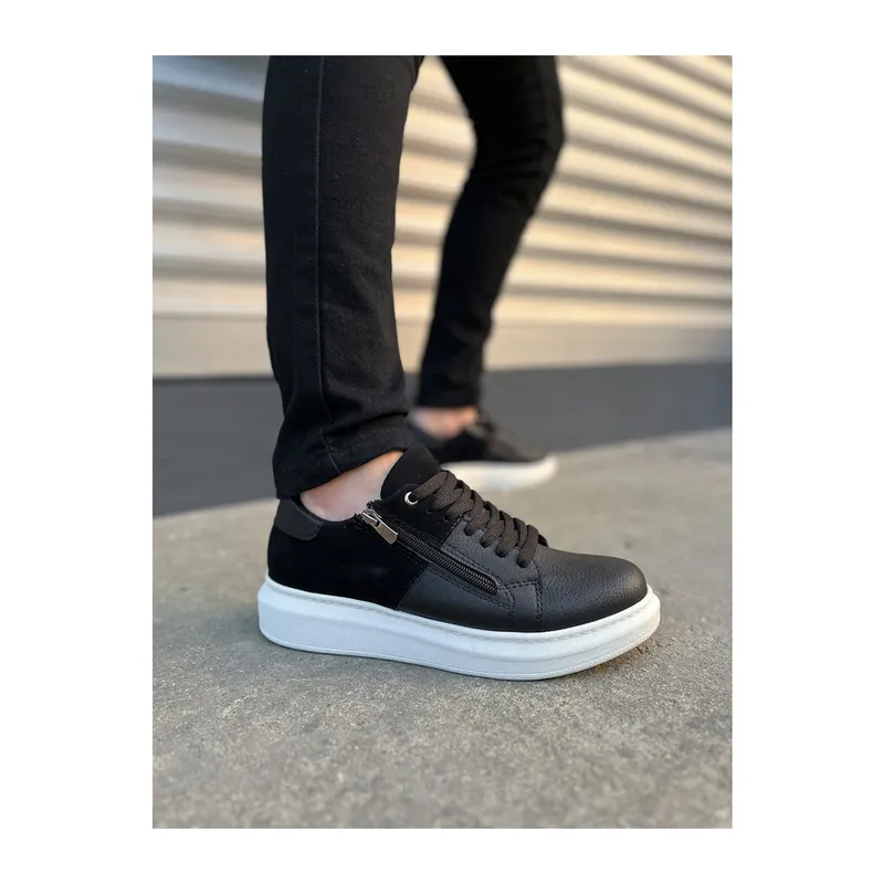 JY155 Warrior Bağcıklı ve Fermuarlı Cilt Süet Erkek Günlük Sneaker Ayakkabı CSBT - Siyah