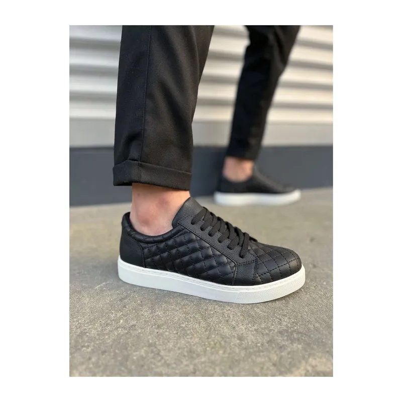 JY166 Prestige Bağcıklı Cilt Kapitone Desenli Erkek Günlük Sneaker Ayakkabı CBT - Siyah