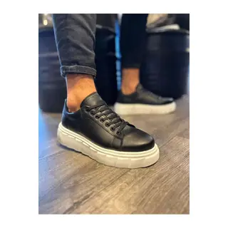 JY144 Volt Bağcıklı Cilt Erkek Günlük Sneaker Yüksek Taban Ayakkabı CBT Siyah