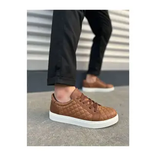 JY166 Prestige Bağcıklı Cilt Kapitone Desenli Erkek Günlük Sneaker Ayakkabı CBT - Taba