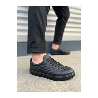 JY166 Prestige Bağcıklı Cilt Kapitone Desenli Erkek Günlük Sneaker Ayakkabı CST - Siyah
