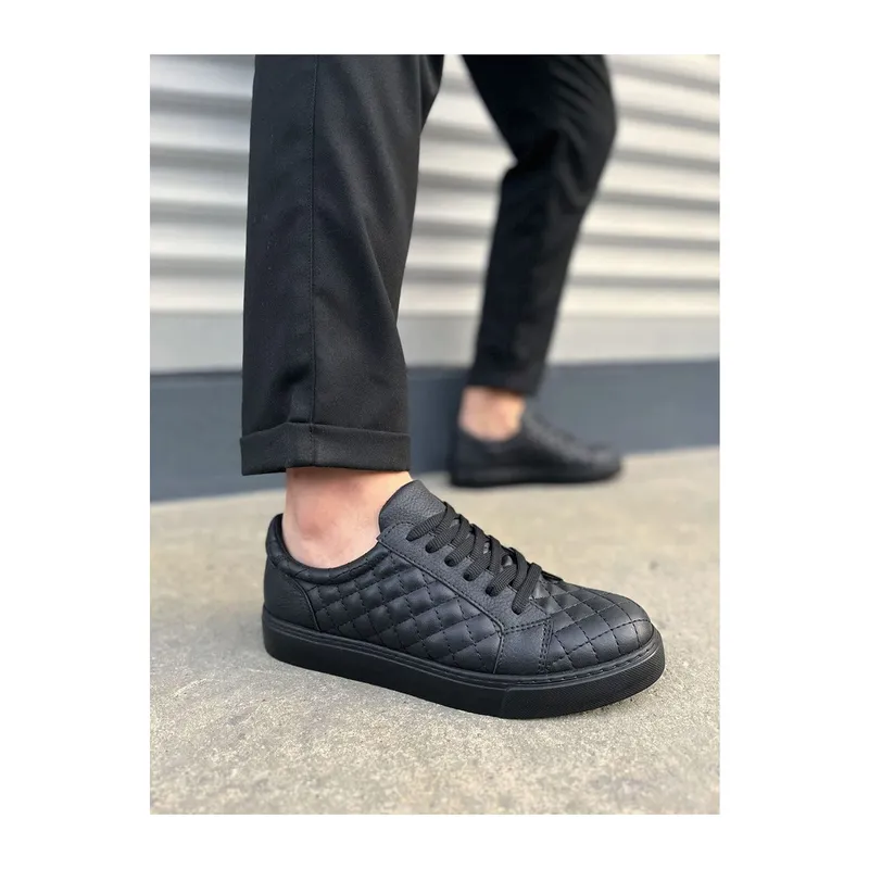JY166 Prestige Bağcıklı Cilt Kapitone Desenli Erkek Günlük Sneaker Ayakkabı CST - Siyah