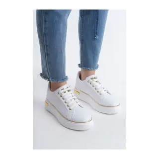 MINA Bağcıklı Ortopedik Taban Kadın Sneaker Spor Ayakkabı CBT - Beyaz/Altın
