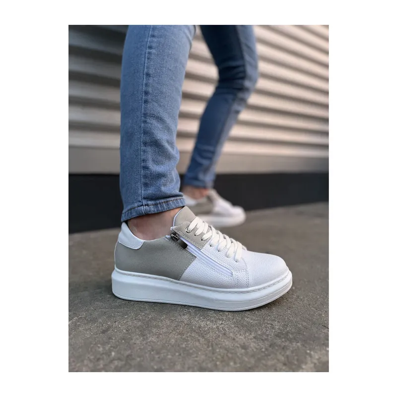 JY155 Warrior Bağcıklı ve Fermuarlı Cilt Süet Erkek Günlük Sneaker Ayakkabı CSBT - Beyaz/Gri