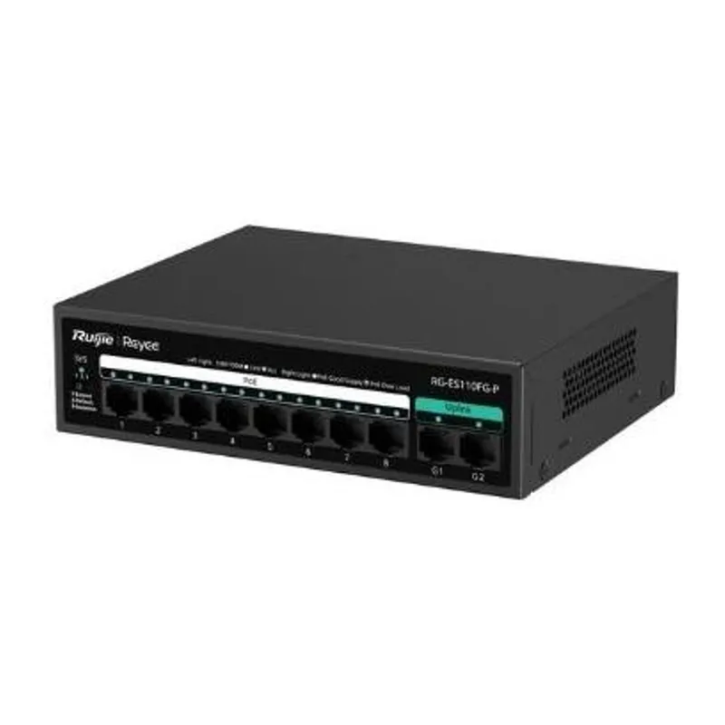 REYEE RG-ES110FG-P 10 PORT 10/100 FAST ETHERNET, TAK ÇALIŞTIR SWITCH, 2 GIGABIT UPLINK, 8 PORT POE+ (110W)