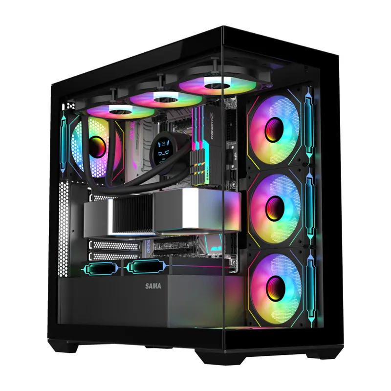 SAMA SV01BK Black, B750BK 750W, 80+ Bronze, PCIE 5.1, ATX3.1, Tempered Glass Panel, Panoramic Tasarım, Type-C, 4x120mm ARGB Fan, ATX, GAMING KASA