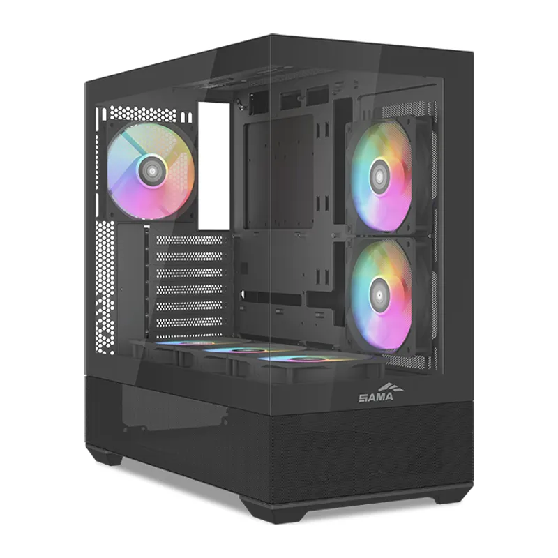 SAMA V40BK Black, B750BK 750W, 80+ Bronze, PCIE 5.1, ATX3.1, Tempered Glass Panel, Panoramic Tasarım, Type-C, 6x120mm ARGB Fan, ATX, GAMING KASA