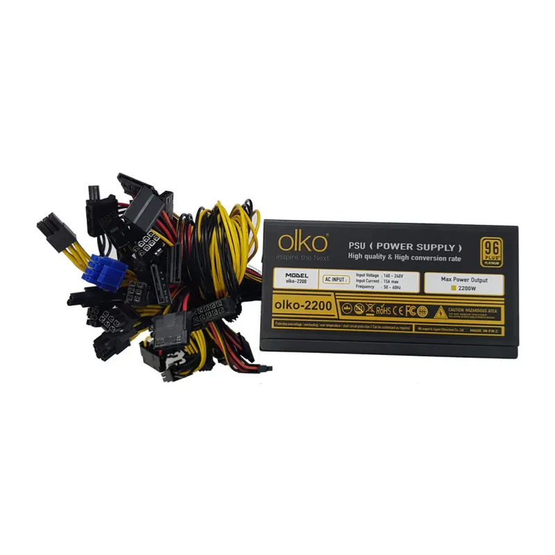 OLKO 2200, 2200W, 14cm Fan, 16xPCI-E 6+2Pin, 1x20+4Pin, 8xSata, ATX, Power Supply (PSU)