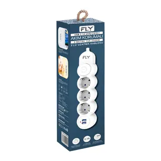 FLY 3393-01, 3 Soket, 2 USB, Akım Korumalı Priz, 2.1A, Anahtarlı, 2Mt Kablo, (Beyaz)