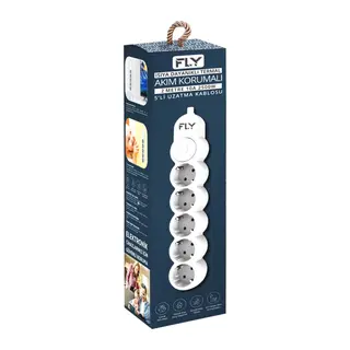 FLY 3394-01, 5 Soket, Akım Korumalı Priz, 2.1A, Anahtarlı, 2Mt Kablo, (Beyaz)