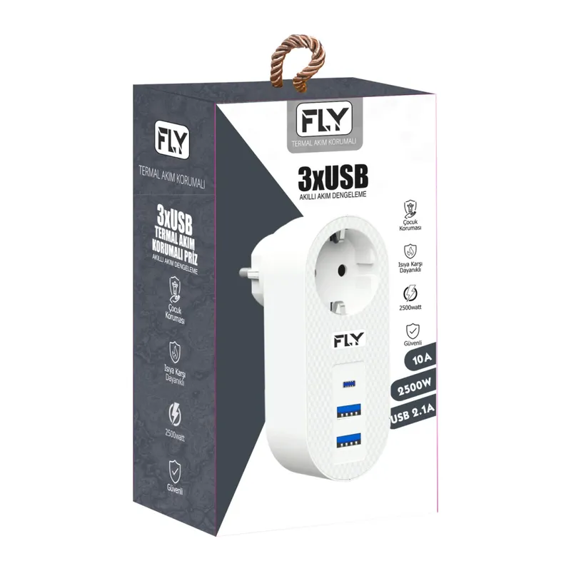 FLY 3400-01, 1 Soket, 2 USB, 1 Type-C, Akım Korumalı Priz, 2.1A, (Beyaz)