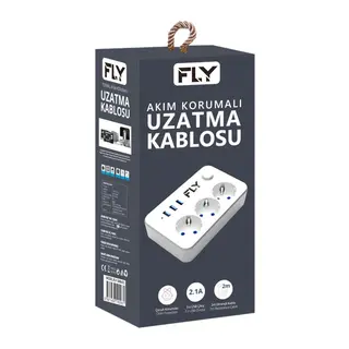 FLY 3406-01, 3 Soket, 3 USB, Akım Korumalı Priz, 2.1A, Anahtarlı, 2Mt Kablo, (Beyaz)