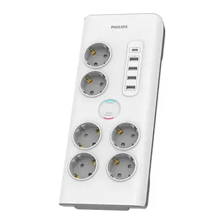 PHILIPS SPN7060WA/62, 6 Soket, Akım Korumalı Priz, 900 Joules, 2Mt Kablo, 1xUsb-C 15W Şarj, 4xUsb-A 20W, (Beyaz)