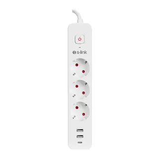 S-LINK SPG03TC, 3 Soket, Akım Korumalı Priz, 1x Type-C, 2xUSB 5V 4A, 1.5Mt %100 Bakır 1mm Kablo, 750 Joule (Beyaz)