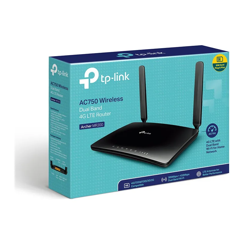 TP-LINK ARCHER MR200, AC750, 4Port, 750Mbps, Dual Band WiFi, Masaüstü, LTE Micro Sim Kart Takılabilir 3G-4G Destekli Router