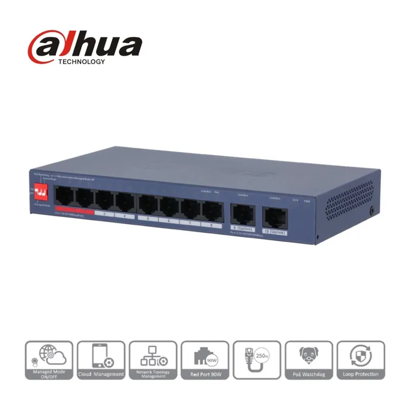 DAHUA CS4010-8ET2GT-110 8 Port, Megabit, PoE 110W, 2 Port Uplink, Cloud Yönetilebilir, Switch