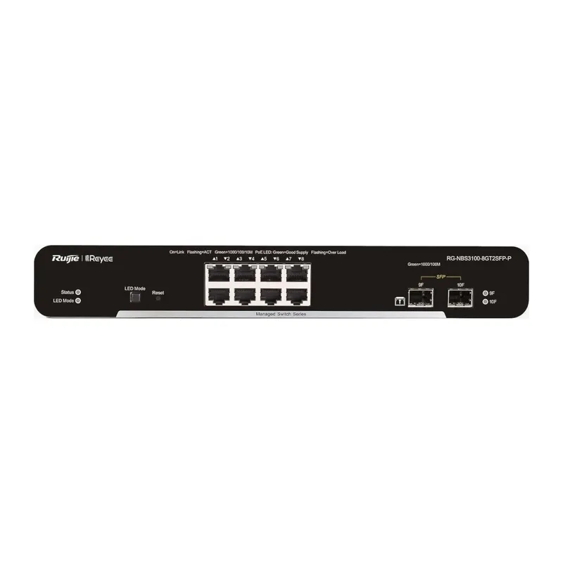 RUIJIE REYEE RG-NBS3100-8GT2SFP-P-V2, 8 Port, GigaBit, 8Port PoE, 125W, 2Port SFP, L2 Yönetilebilir, Metal Kasa, Masaüstü, Switch
