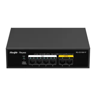 RUIJIE REYEE RG-ES106F-P 6 Port Megabit Tak Çalıştır Switch, 2 Fast Ethernet Uplink, 4 Port PoE+ (54W)
