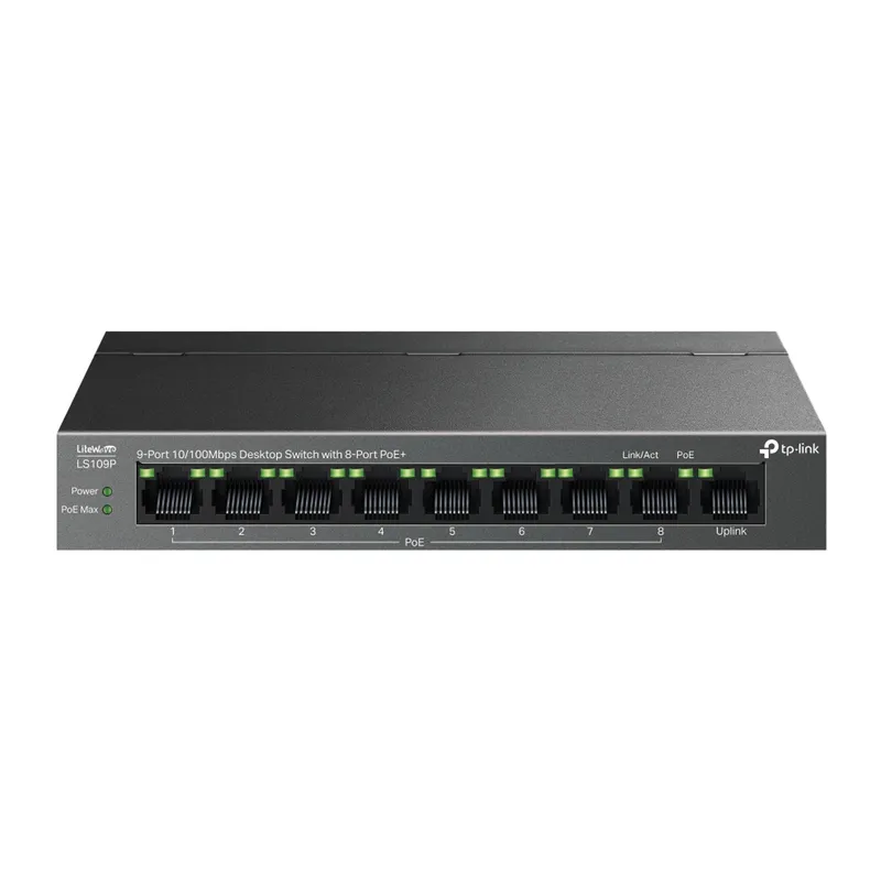 TP-LINK LS109P, Green Tech, 8 Port MegaBit, POE 63W, 1 Port Uplink, Long Range 250Mt, Yönetilemez, Metal Kasalı Switch