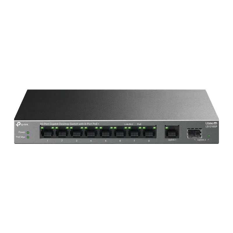 TP-LINK LS1210GP, Green Tech, 8 Port Gigabit, PoE 61W, 1 Port Gigabit Uplink, 1 Port Gigabit SFP, Yönetilemez Masaüstü Switch