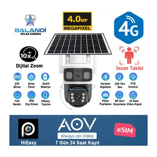 BALANDI PRO-8200GIP 4MP 2 Kameralı 4G AOV ESIM Solar Kamera, HIEASY Yazılım