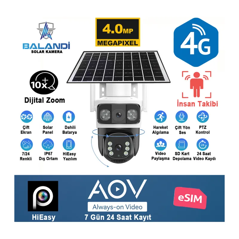 BALANDI PRO-8200GIP 4MP 2 Kameralı 4G AOV ESIM Solar Kamera, HIEASY Yazılım