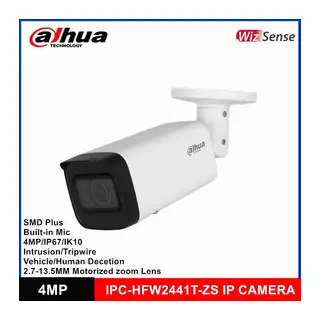 DAHUA IPC-HFW2441T-ZAS-2713, 4Mpix, 2,7-13,5mm Motorize Lens, H265+,Starlight, 60Mt Gece Görüşü, Dahili Mikrofon, IP67, PoE Bullet IP Kamera