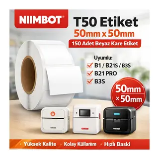 NIIMBOT T50 Etiket 50mm x 50mm (Tek Kolonda 1li) 150 adet Beyaz Kare (B1, B21S, B3S, B21 PRO)
