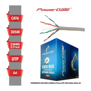 POWERGATE CAT6-BOX-GY, 23AWG 0,57mm, UTP, CAT6 Kablo, 305m, Gri