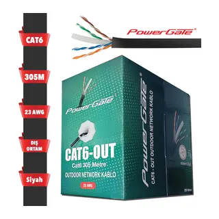 POWERGATE CAT6-OUT-CCA, Outdoor (Dış Mekan), Polietilen, 23AWG 0.57mm, UTP, CAT6, CCA Kablo, 305m, Siyah