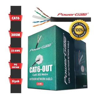 POWERGATE CAT6-OUT-COPPER, Outdoor (Dış Mekan), Polietilen, 23AWG 0.57mm, UTP, CAT6, %100 Bakır Kablo, 305m, Siyah