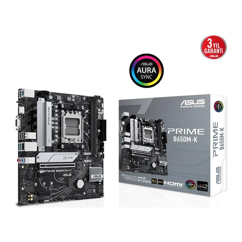 ASUS PRIME B650M-K DDR5 6400MHZ 1XVGA 1XHDMI 2XM.2 USB 3.2 MATX AM5 (AMD AM5 9000/8000/7000 SERİLERİ İLE UYUMLU)
