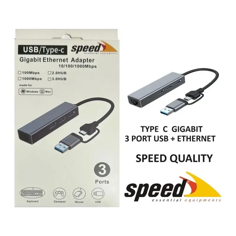 SPEED SP-UET01 USB3.0/TYPE-C 3 PORT USB 3.0 ÇOKLAYICI GIGABIT ETHERNET DÖNÜŞTÜRÜCÜ