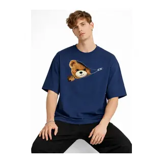 MN - Bear Baskılı Oversize Tişört LACIVERT