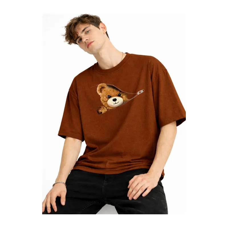MN - Bear Baskılı Oversize Tişört KAHVE