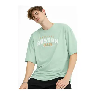 Boston - Baskılı Oversize Tişört SU YESILI